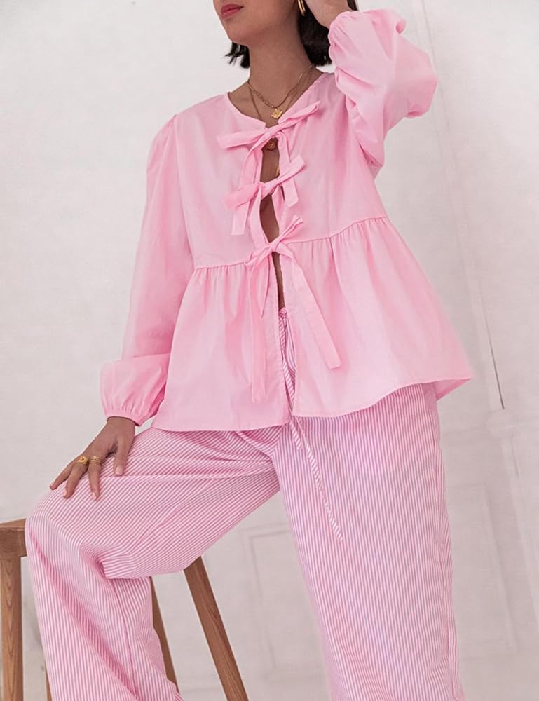 【正規品】dora pepuramu tee bibiy Bibiy EsheSy Women's Bow Tie Front Babydoll Blouse Long Sleeve